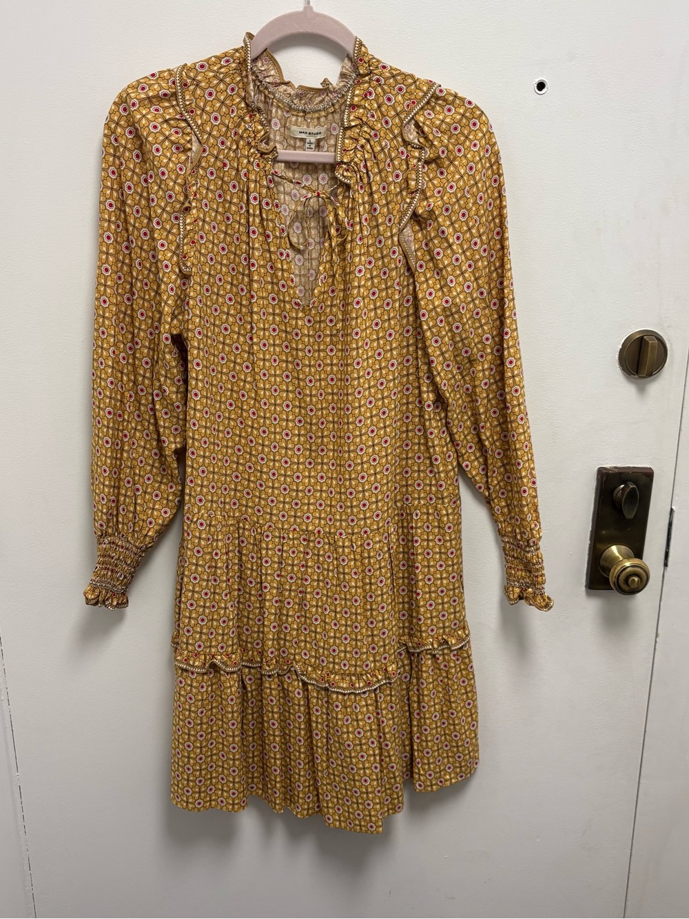 Max Studio Mustard Floral Ruffle Long-Sleeve Dress
